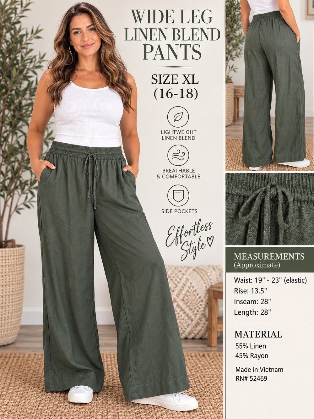 A60. Wide Leg Linen Blend Pants Green XL Time And True
